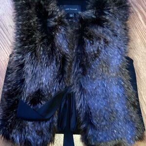 Ann Taylor Brown Faux Fur Vest with Black Ribbon